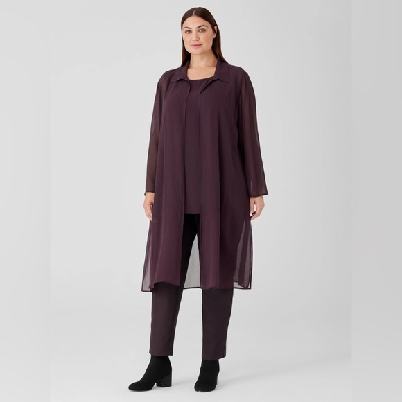 Eileen Fisher Crinkled Sheer Silk Collar Jacket/ Duster in Cassis | Size M - Picture 6 of 7